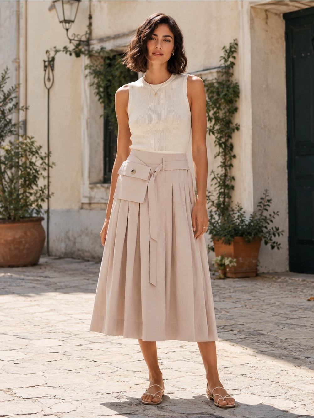 Sea New York Blush Pleated Midi Skirt with Belted Flap Pocket